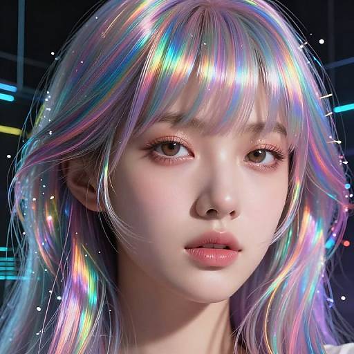 Digital portrait of a young woman with iridescent, rainbow-colored hair, glowing eyes, and soft pink lips, set against a dark, neon-l
