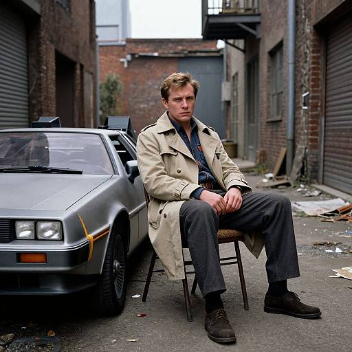 Man in Trench Coat with DeLorean