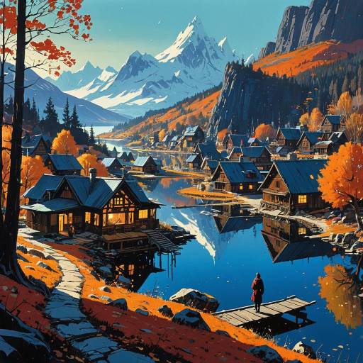 Autumn Village by Crystal Lake with Snowy Mountains