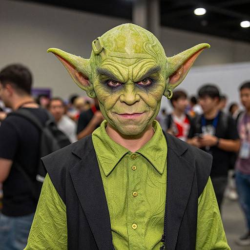 Photograph of a person in a detailed green goblin costume with large ears, black vest, and green shirt, standing in a crowded indoor event.