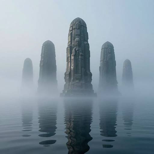 Photograph of four ancient, stone, dome-shaped structures emerging from misty, reflective water, creating a mysterious and ethereal atmosphere.