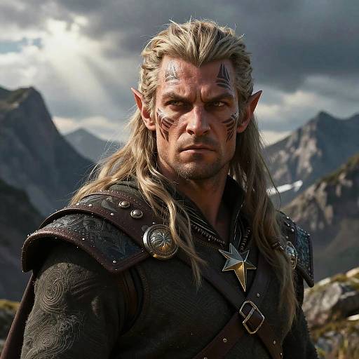 CGI fantasy portrait of a muscular, blonde-haired, elven man with pointed ears, tribal face paint, wearing dark armor with a star pendant,