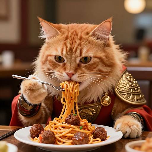 Photograph of a fluffy orange tabby cat dressed in medieval armor, eating spaghetti with meatballs using a fork, in a cozy, dimly-l