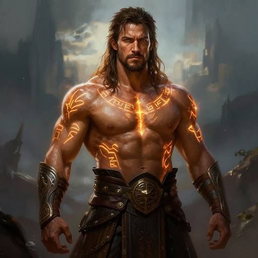 Digital art of a muscular, shirtless man with glowing orange runes on his chest and arms, wearing dark leather armor, standing in a misty,