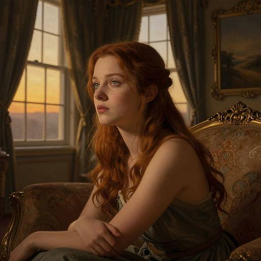 Photograph of a red-haired woman with fair skin, sitting in an ornate, dimly lit room with sunset light through windows.