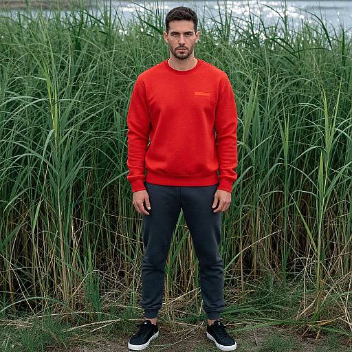 Photograph of a bearded man with short dark hair, wearing a bright red sweatshirt, black pants, and black sneakers, standing in tall green