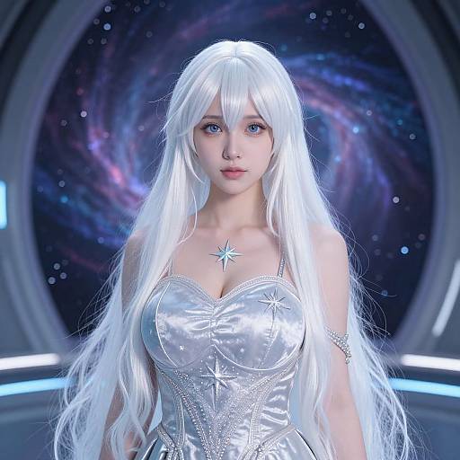 Digital art of a fair-skinned, blue-eyed woman with long white hair, wearing a silver, star-embellished dress, against a cosmic