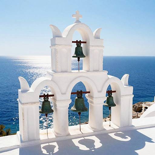 White Greek Bell Tower by Ocean