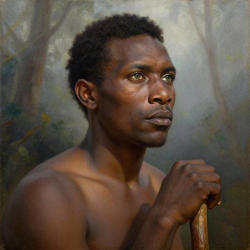 Photorealistic painting of a shirtless, dark-skinned African man with short curly hair, holding a wooden staff, gazing thoughtfully into the