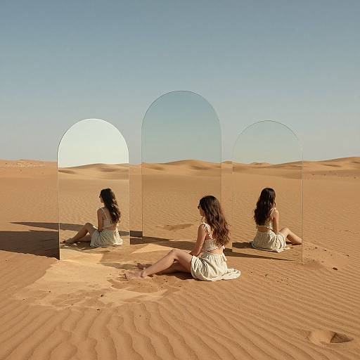 Photograph: Woman with wavy brown hair, wearing a white dress, sits on sandy desert, facing three translucent arch mirrors reflecting her back and the