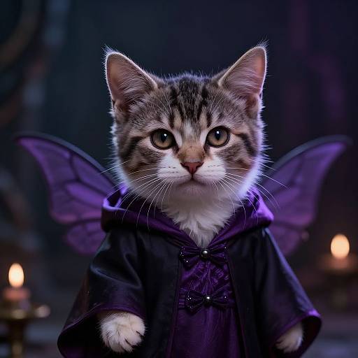 Photograph of a cute tabby kitten with wide eyes, wearing a purple hooded cloak and butterfly wings, illuminated by soft candlelight in a dark
