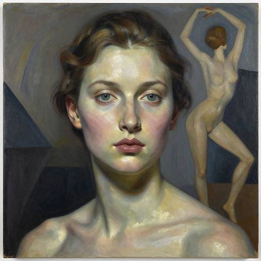 Digital painting of a pale-skinned, blue-eyed woman with brown hair, nude, centered; background features a nude, standing, slender woman with arms