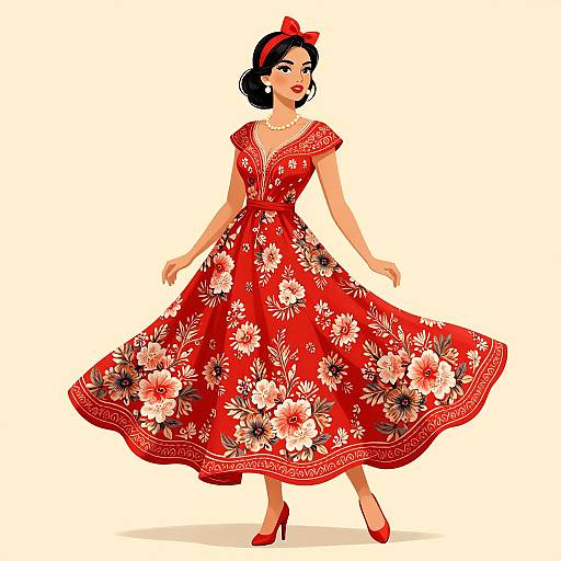 Digital illustration of a stylish woman in a red floral dress, red bow headband, pearl necklace, red heels, and smiling, standing against a white