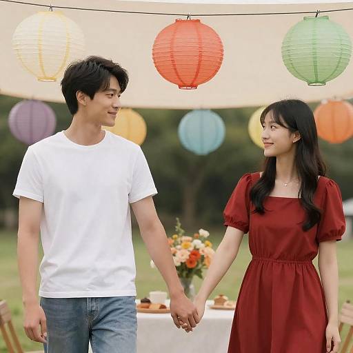 Couple Holding Hands Under Lantern Tent