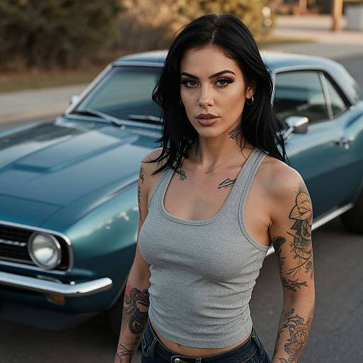 Photograph of a tattooed, black-haired woman in a gray tank top standing in front of a vintage blue car on a suburban street.