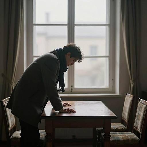 Man Leaning on Wooden Table by Foggy Window