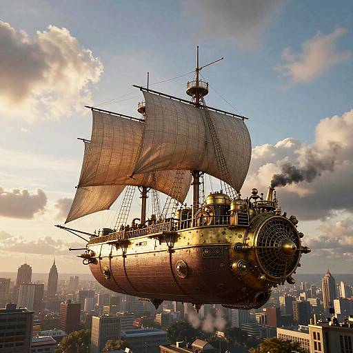Ultra-realistic Steampunk Airship at Sunset