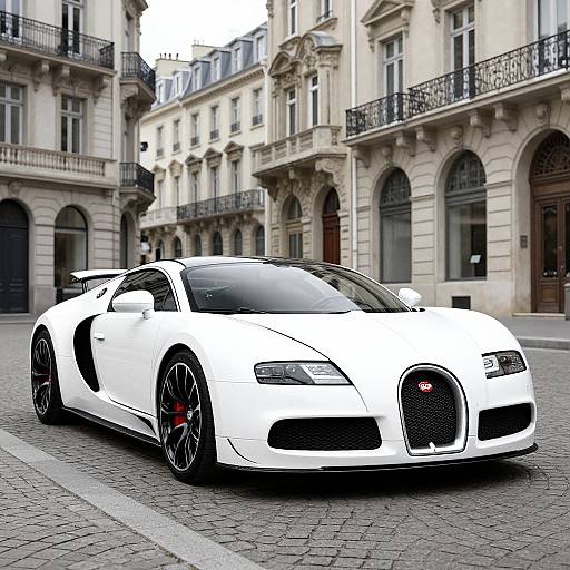 Photograph of a sleek, white Bentley Continental GT supercar with black accents parked on a cobblestone street in an elegant Parisian neighborhood.