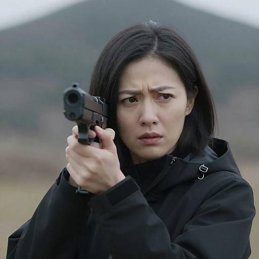 Concerned Woman with Gun in Mountains