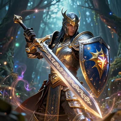 Digital fantasy artwork of a stern, armored knight with golden helmet, holding glowing sword and blue shield with star emblem, in mystical forest.