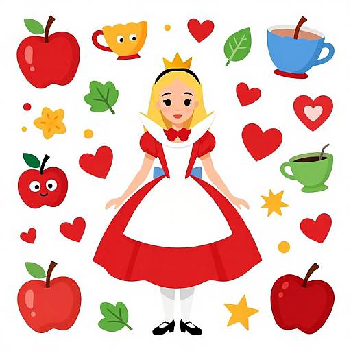 Cartoon-style illustration of a blonde girl in a red dress with a white apron, surrounded by red apples, hearts, teacups, and