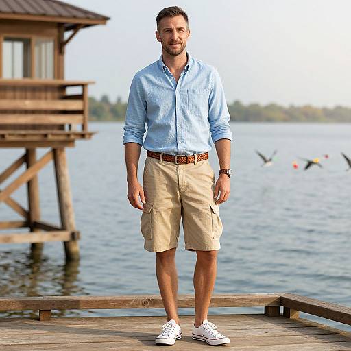 Photograph of a handsome man with short brown hair, blue button-up shirt, beige shorts, white sneakers, standing on a wooden dock by a lake