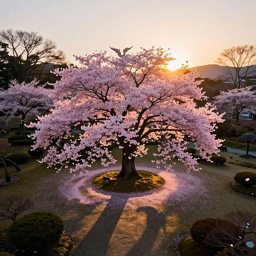 Photograph of a cherry blossom tree in full bloom at sunset, casting pink shadows on the ground, with a colorful sky and silhouetted trees