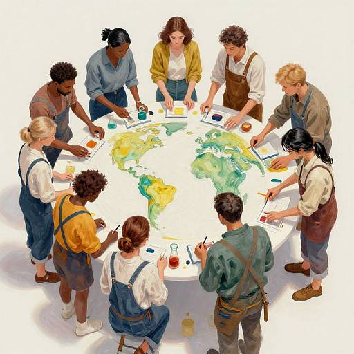 Illustration of diverse group of seven people, wearing casual, rustic clothing, gathered around a table with Earth map, writing notes.