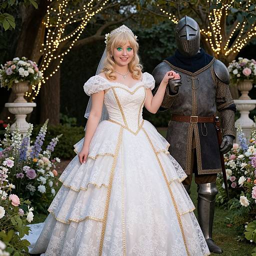 Blonde princess in white lace wedding gown, holding knight's hand, wearing crown, standing under string lights, surrounded by flowers and greenery.