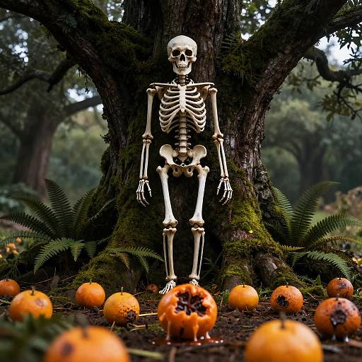 Skeleton by Mossy Tree with Rotting Clementines