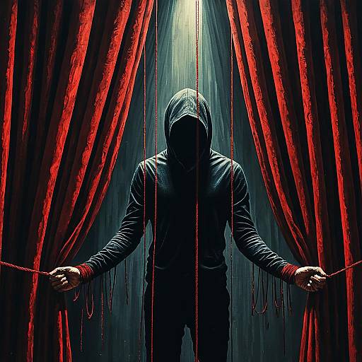 Faceless Puppet Behind Red Curtains