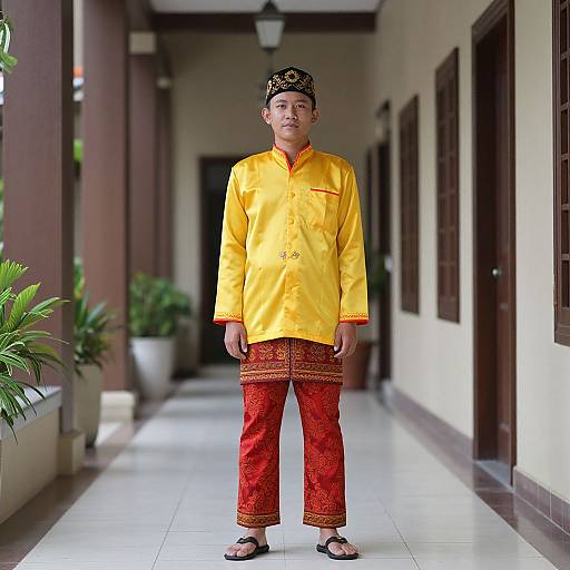 Photograph of a young man in traditional yellow Baju Melayu and red batik pants, wearing a black patterned headscarf, standing
