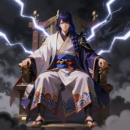 Digital anime-style illustration of a stern, dark-haired man in a white kimono with blue and gold accents, sitting on a thunderbolt-emitting throne