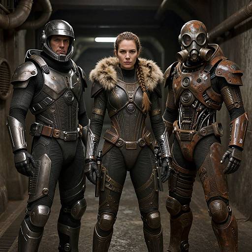 Photorealistic CGI of three armored characters in a dark tunnel: a woman with fur-trimmed armor, flanked by two armored men in helmets