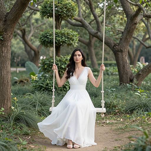Photograph of a beautiful woman with long black hair, wearing a flowing white dress, sitting on a white swing in a lush, tree-filled garden.