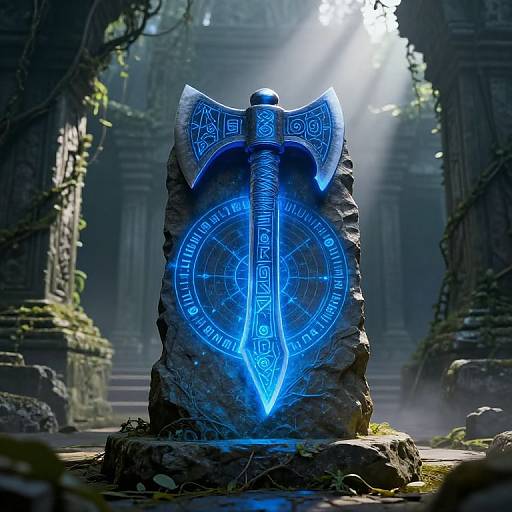 Photorealistic digital artwork of a glowing blue, intricate Viking axe embedded in a mossy stone pedestal, set in a misty, ancient ruin.
