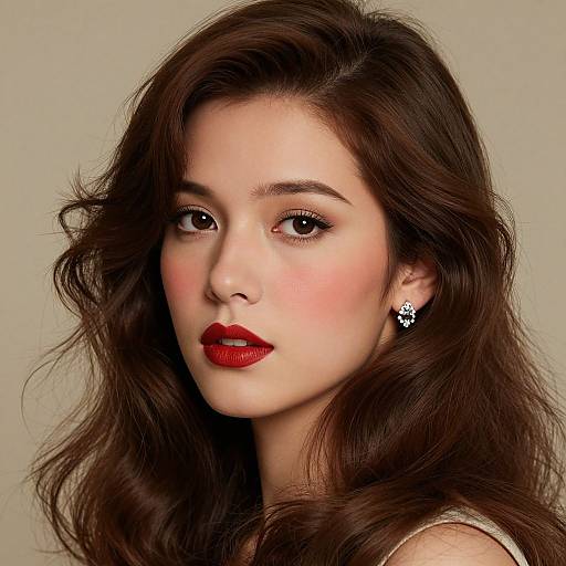 Photograph of a fair-skinned woman with wavy brown hair, red lipstick, and diamond earrings, gazing softly at the camera against a neutral