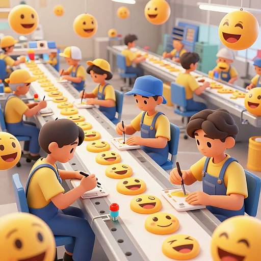 CGI illustration of children in yellow shirts and blue overalls, drawing smiley faces on a table in a bright, bustling classroom. Yellow smiley