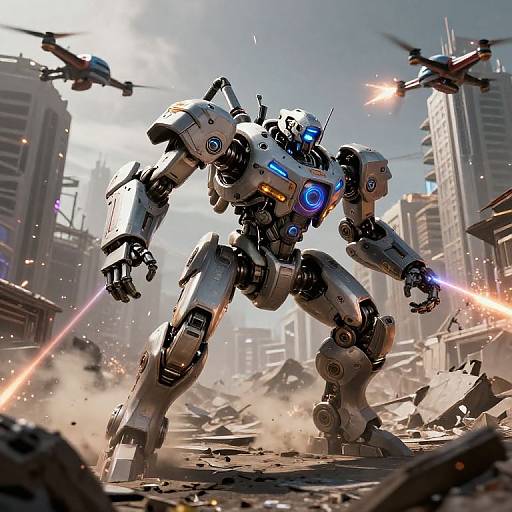 CGI image of a white, blue-accented robotic warrior with glowing blue eyes, wielding laser guns in a chaotic, war-torn cityscape