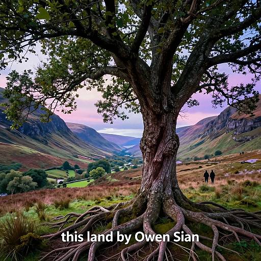 Photograph of a large, twisted tree in a lush, mountainous landscape with two distant figures, captioned 