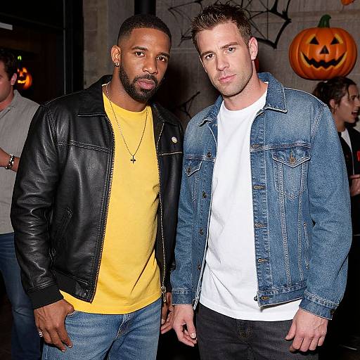 Photograph of two men standing together; one in a black leather jacket and yellow shirt, the other in a denim jacket and white shirt, Halloween decorations