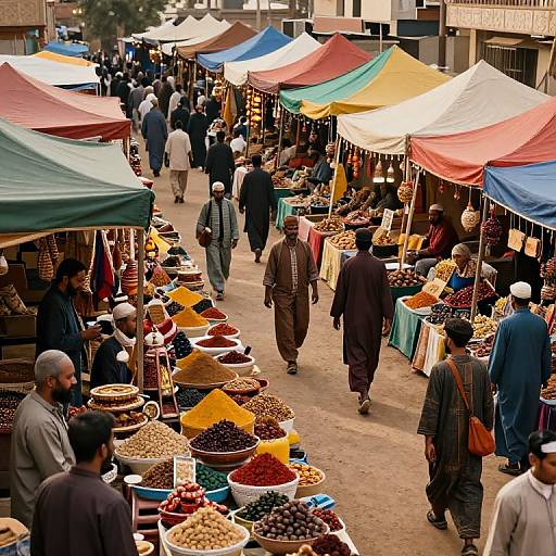 Vibrant photograph of bustling outdoor market with colorful tents, diverse vendors, and customers in traditional clothing, surrounded by various fruits, spices, and goods