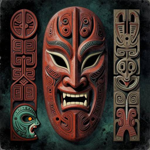 Digital artwork featuring a red, intricately carved mask with white eyes and teeth, flanked by abstract symbols and a teal snake head. Dark, textured