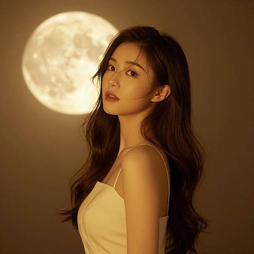 Photograph of an Asian woman with long black hair, wearing a white spaghetti-strap dress, gazing at a bright full moon in a dark brown