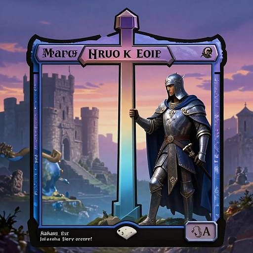 Digital illustration of armored knight with silver helmet and cross, standing in front of a medieval castle backdrop, holding a large cross, labeled 