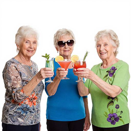 Three elderly women with short white hair, smiling, holding colorful drinks with fruit garnishes, wearing floral and solid tops, against a white background. Photograph