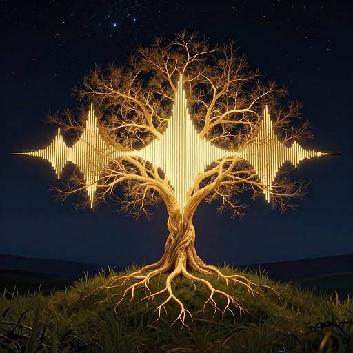 Digital artwork of a glowing, illuminated tree with branching wires and ECG wave patterns against a starry night sky background.