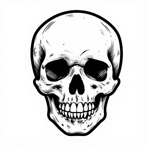 Black and white digital drawing of a detailed, realistic human skull with hollow eye sockets, nose cavity, and exposed teeth, outlined with thick black lines.