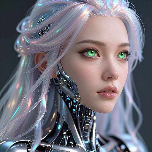 Digital artwork of a futuristic, pale-skinned woman with glowing green eyes, long, iridescent white hair, and metallic cybernetic neck enhancements
