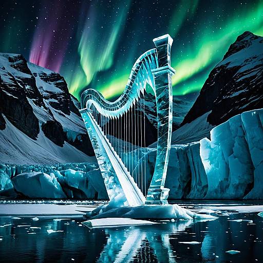 Ethereal Ice Harp Under Glowing Aurora